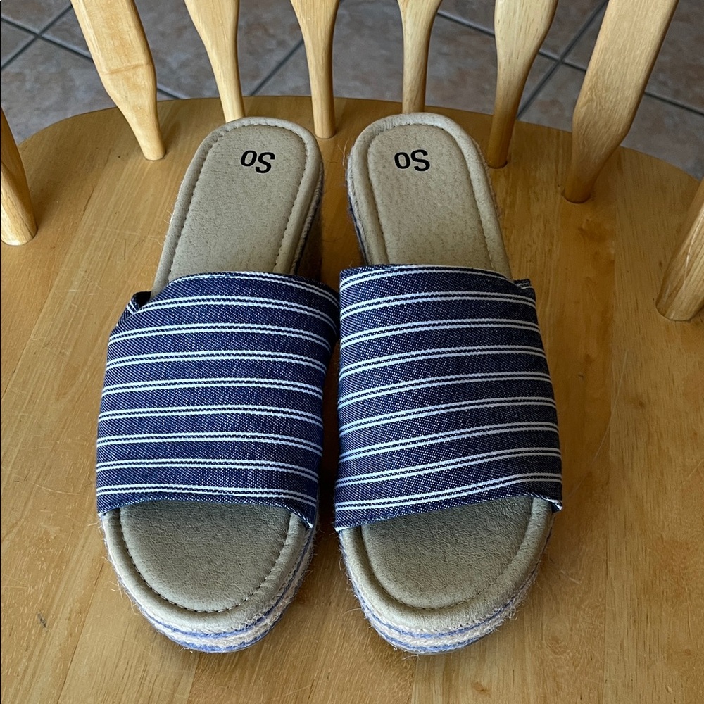 SO Navy Blue and White Striped Slide Sandals